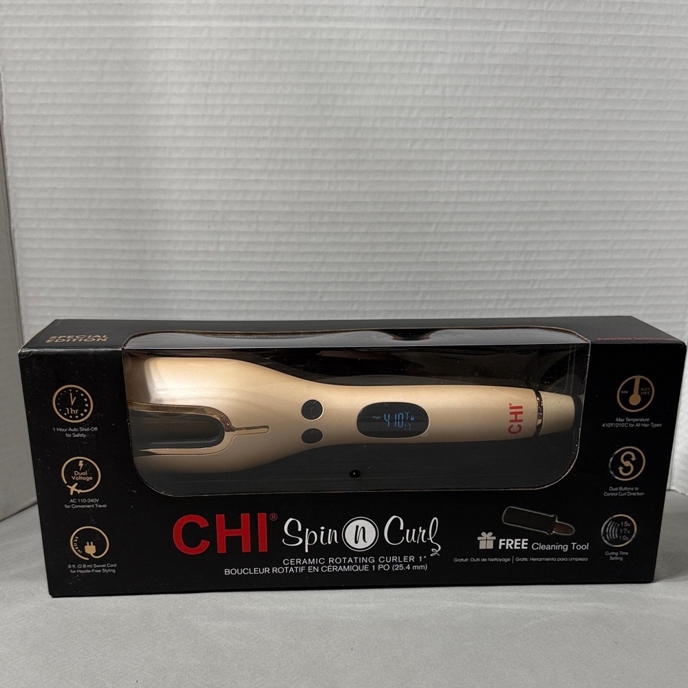 Chi Spin N Curl Ceramic Rotating Curler 1”Special Edition Gold Cleaning Tool New